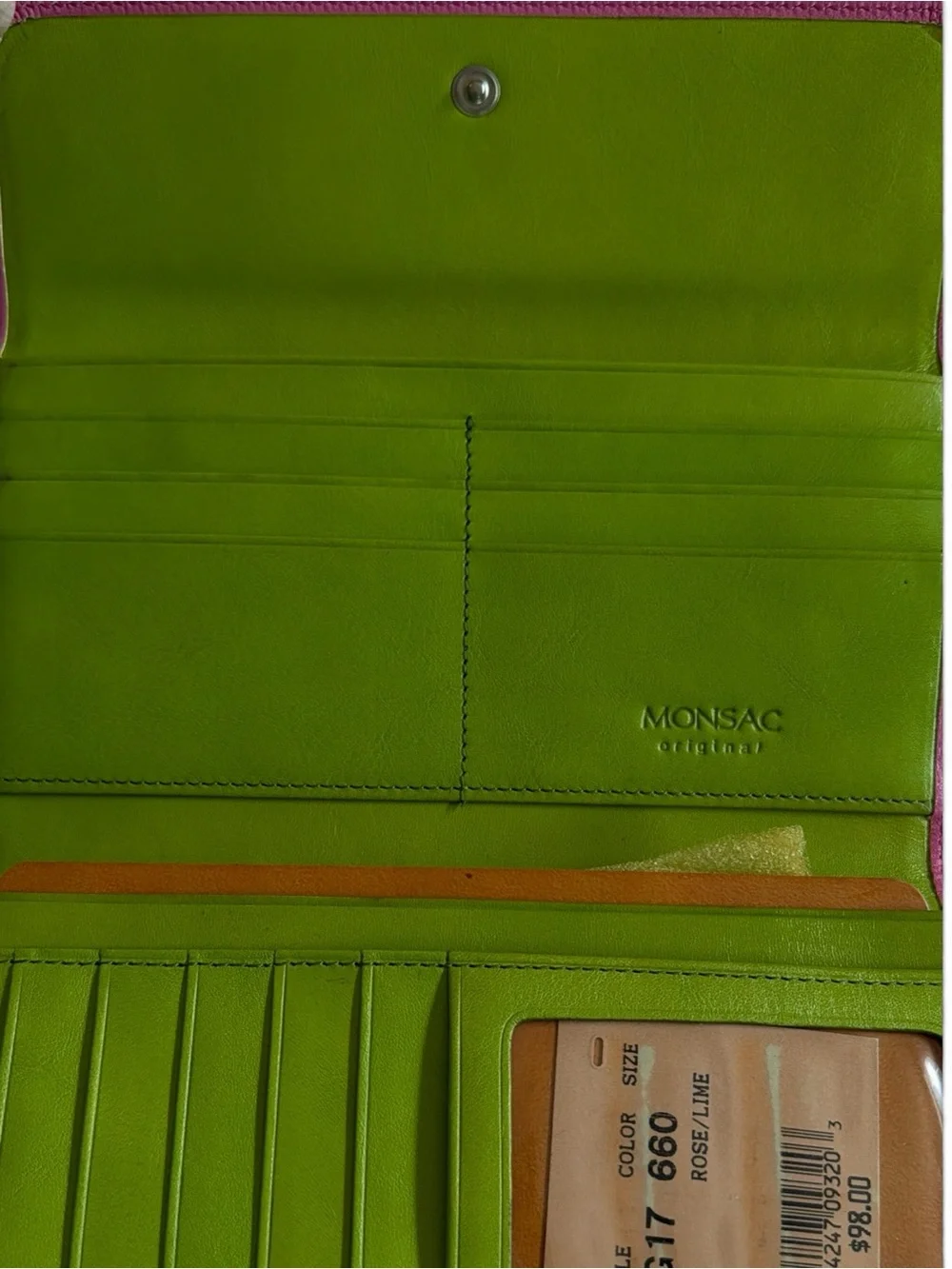Vintage Monsac Hot Pink Lime Green Leather Tri Fold Wallet Colorblock Y2K Retro